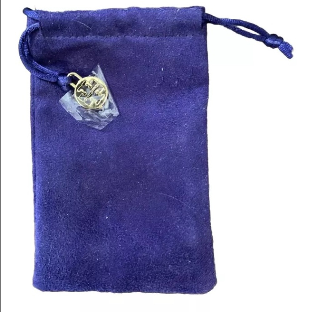 NEW Tory Burch Blue Suede Jewelry Pouch w/Gold Logo Charm 5”x3.5” Drawstring